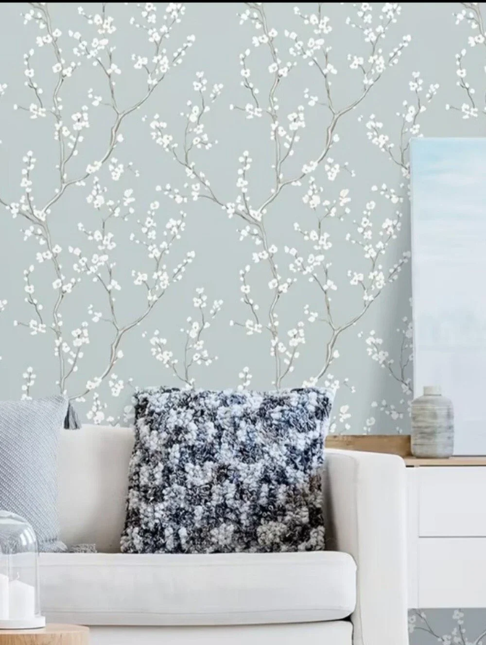 New Dogwood Branch Self Adhesive Wallpaper in Light Blue #1475-1101